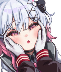  2girls absurdres cheek_squash commentary_request flower gloves hair_flower hair_ornament hands_on_another's_cheeks hands_on_another's_face highres korean_commentary long_sleeves looking_at_viewer mahou_shoujo_no_majo_saiban moohyungking multicolored_hair multiple_girls nikaido_hiro open_mouth out_of_frame pink_eyes pink_hair sakuraba_ema short_hair simple_background solo_focus upper_body white_background white_gloves white_hair x_hair_ornament 