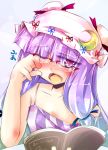  alternate_costume bare_shoulders bespectacled blush book bust crescent glasses hat highres long_hair narumiya open_mouth patchouli_knowledge purple_eyes purple_hair solo strap_slip touhou violet_eyes wink yawning 