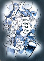  4boys 4girls absurdres animal_ears anita_(darkstalkers) bags_under_eyes bengus blue_theme bracelet braid capcom cat_ears cat_girl chinese_clothes chun-li claws closed_eyes darkstalkers demitri_maximoff demon_girl donovan_baine english_text eyepatch felicia_(darkstalkers) giant hat highres hsien-ko jewelry jiangshi long_hair lord_raptor meditation monster monster_girl morrigan_aensland multiple_boys multiple_girls mummy ofuda qingdai_guanmao short_hair size_difference skull speech_bubble sword traditional_media twin_braids vampire weapon zombie 