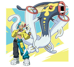  1girl absurdres aqua_hair bandeau black_mask blonde_hair blue_eyes blue_skin blush boots breasts canari_(pokemon) colored_sclera colored_skin commentary_request criss-cross_straps dark-skinned_female dark_skin eel eelektross fangs fish highres holding holding_poke_ball jacket jmsleo korean_commentary lamprey long_sleeves looking_at_viewer mask mask_pull mega_eelektross mega_pokemon mega_stone mouth_mask multicolored_hair multicolored_skin navel open_mouth pants poke_ball pokemon pokemon_(creature) pokemon_legends:_z-a quick_ball red_sclera short_twintails smile split-color_hair sports_bra teeth twintails two-tone_hair two-tone_mask two-tone_pants two-tone_skin white_boots white_skin yellow_bandeau yellow_jacket yellow_mask yellow_sports_bra 