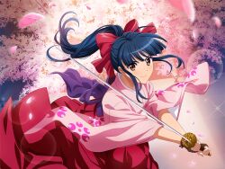  1girl ahoge blue_hair brown_eyes cherry_blossoms closed_mouth game_cg hakama hakama_skirt holding holding_sword holding_weapon japanese_clothes katana kimono long_hair looking_at_viewer official_art pink_kimono ponytail red_hakama sakura_taisen shinguuji_sakura shoujo_kageki_revue_starlight shoujo_kageki_revue_starlight_-re_live- sidelocks skirt smile solo sword upper_body v-shaped_eyebrows weapon wide_sleeves 