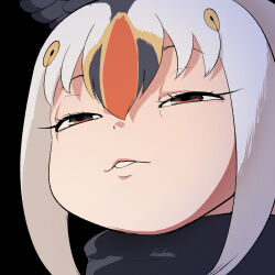  1girl atlantic_puffin_(kemono_friends) bird_girl bird_wings black_background black_sweater brown_eyes feathered_wings grey_hair head_wings highres kemono_friends long_hair looking_at_viewer mcgunngu multicolored_hair open_mouth simple_background solo sweater upper_body wings 