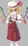  absurdres ascot blonde_hair blood cup drinking drinking_blood flandre_scarlet hat highres mofu red_eyes short_hair side_ponytail simple_background solo straw the_embodiment_of_scarlet_devil touhou wings 