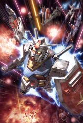  ball_(gundam) battle battleship beam_rifle core_booster energy_gun explosion fighting_stance firing gm_(mobile_suit) gun gundam holding holding_gun holding_shield holding_weapon magellan_(gundam) mecha military_vehicle mobile_suit_gundam morishita_naochika no_humans official_art robot rx-78-2_gundam salamis_(gundam) shield ship space spacecraft war warship watercraft weapon white_base 