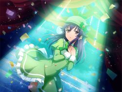  1girl blue_hair bow bowtie dress frilled_dress frills game_cg green_bow green_bowtie green_dress green_hat hands_on_own_chest hands_up hat hat_bow hercule_barton long_hair long_sleeves looking_at_viewer newsboy_cap official_art parted_lips shoujo_kageki_revue_starlight shoujo_kageki_revue_starlight_-re_live- solo spotlight stage standing tantei_opera_milky_holmes upper_body violet_eyes 