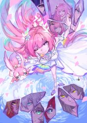  1girl absurdres blue_eyes breasts caelus_(honkai:_star_rail) cipher_(honkai:_star_rail) commentary company_connection crystal_shards cyrene_(honkai:_star_rail) cyrene_(ripples_of_past_reverie)_(honkai:_star_rail) diamond-shaped_pupils diamond_(shape) dress elysia_(herrscher_of_human:_ego)_(honkai_impact) elysia_(honkai_impact) elysia_(miss_pink_elf)_(honkai_impact) english_commentary flower hair_flower hair_ornament highres hino_satoshi honkai:_star_rail honkai_(series) honkai_impact_3rd inoue_marina kevin_kaslana large_breasts long_hair mem_(honkai:_star_rail) mydei_(honkai:_star_rail) phainon_(honkai:_star_rail) pink_hair raiden_mei redactedseed standing standing_on_one_leg stelle_(honkai:_star_rail) symbol-shaped_pupils trailblazer_(honkai:_star_rail) tribbie_(honkai:_star_rail) very_long_hair violet_eyes voice_actor_connection white_dress yanning 