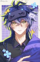  1boy black_pajamas blindfold blue_hair closed_mouth flins_(genshin_impact) genshin_impact haryu_chee holding holding_pillow long_hair male_focus multicolored_hair pajamas pillow solo streaked_hair yellow_eyes 