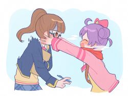  2girls :d ahoge black-framed_eyewear blue_jacket blue_skirt blunt_bangs blush bow breath brown_eyes brown_hair cardigan clipboard closed_eyes cold cropped_jacket double_bun from_side glasses hair_bow hair_bun hands_on_another's_cheeks hands_on_another's_face holding holding_clipboard holding_pen jacket long_hair long_sleeves looking_at_another manaka_laala manaka_laala_(normal) minami_mirei minami_mirei_(normal) multiple_girls nose_blush open_mouth paprika_private_academy_school_uniform pen pink_bow pink_cardigan ponytail pretty_series pripara profile purple_hair red_scarf scarf school_uniform semi-rimless_eyewear short_hair skirt smile standing sururufu trembling under-rim_eyewear 
