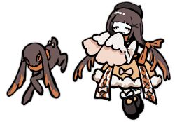  1girl amo_empool animalization beret black_boots black_hat boots brown_hair carbolic20 closed_eyes dress gachiakuta hair_ornament hair_ribbon hat highres long_hair open_mouth orange_dress orange_ribbon person_and_animalization ribbon simple_background smile very_long_hair white_background white_sleeves x_hair_ornament 