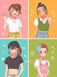  4girls :d :o alternate_costume alternate_hairstyle aoaoe_2 bangs_pinned_back black_hair black_shirt blue_hair blue_hairband blush blush_stickers brown_eyes brown_hair carmine_(pokemon) casual collarbone commentary_request crop_top dotted_line eyelashes freckles glasses green_hair green_vest grey_eyes hairband heart highres jewelry juliana_(pokemon) midriff multicolored_hair multiple_girls navel necklace nemona_(pokemon) notice_lines open_mouth overalls penny_(pokemon) pink_overalls poke_ball_symbol pokemon pokemon_sv red_hair round_eyewear shirt short_hair short_sleeves side_ponytail smile two-tone_hair very_short_hair vest waving white_shirt 