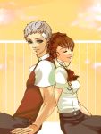  1girl bandage bandages brown_hair couple female_protagonist_(persona_3) headphones hekiu_r persona persona_3 persona_3_portable ponytail sanada_akihiko school_uniform silver_hair sunset 