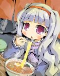  caraduki carazuki chopsticks dress eating egg food hairband idolmaster long_hair noodles purple_eyes ramen shijou_takane silver_hair violet_eyes 