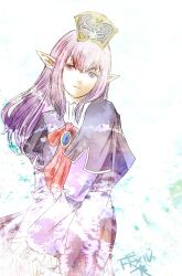  1girl blue_gemstone brooch elf elvaan final_fantasy final_fantasy_xi gem jewelry long_hair long_sleeves pointy_ears prishe purple_hair red_ribbon ribbon ruka_(blueplus84) smile solo violet_eyes 