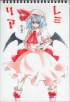  bat_wings blue_hair character_name fang frills hat pose red_eyes remilia_scarlet solo touhou traditional_media uousa wings 
