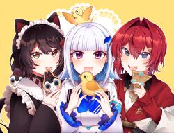 3girls :3 :d ange_katrina ange_katrina_(1st_costume) animal_ears animal_hair_ornament animal_on_head bird bird_on_head black_collar blue_eyes blue_hair blue_neckerchief blunt_bangs blush brown_hair brown_kimono cardigan collar colored_inner_hair commentary_request dog_ears dog_girl double-parted_bangs fangs flower frilled_sleeves frills gradient_eyes group_picture hair_between_eyes hair_flower hair_intakes hair_ornament hand_up heterochromia highres holding inui_toko inui_toko_(1st_costume) japanese_clothes kimono lize_helesta lize_helesta_(1st_costume) long_bangs long_hair long_sleeves looking_at_viewer maid_headdress mitsumine_(ookami_no_oyashiro) monocle multicolored_eyes multicolored_hair multiple_girls neckerchief nijisanji on_head open_mouth outline red_cardigan red_eyes red_hair redrawn sanbaka_(nijisanji) sebastian_piyodore short_hair shrug_(clothing) sidelocks sleeves_past_wrists slit_pupils smile streaked_hair teeth textless_version triangle_hair_ornament two-tone_hair upper_body upper_teeth_only variant_set violet_eyes virtual_youtuber white_hair white_headdress white_outline white_shrug yellow_background yellow_bird yellow_eyes 