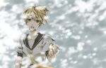  bass_clef blonde_hair blue_eyes collarbone kagamine_len looking_at_viewer male nail_polish necktie open_mouth outstretched_arm serafuku short_hair snow vocaloid wind 
