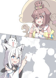  2girls :d animal_ears blue_eyes bone_hair_ornament braid breasts brown_hair cardigan commentary_request detached_sleeves dog_ears dog_girl dress fang fox_ears fox_girl hair_ornament highres hololive inugami_korone inugami_korone_(1st_costume) listener_(inugami_korone) long_hair medium_breasts multiple_girls open_mouth red_eyes shirakami_fubuki shirakami_fubuki_(1st_costume) simple_background smile twin_braids umberblack white_background white_dress white_hair white_sleeves yellow_cardigan 