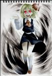  blonde_hair darkness glowing glowing_eyes hair_ribbon kneehighs open_mouth red_eyes ribbon rumia skirt smile solo the_embodiment_of_scarlet_devil touhou traditional_media uousa youkai 