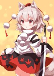  1girl animal_ear_fluff animal_ears bare_shoulders black_skirt blush commentary cowboy_shot detached_sleeves grey_hair hair_between_eyes hat highres holding holding_sword holding_weapon inubashiri_momiji long_sleeves open_mouth pom_pom_(clothes) red_eyes red_hat red_skirt ruu_(tksymkw) shirt short_hair skirt sleeveless sleeveless_shirt solo sword tail tokin_hat touhou two-tone_skirt weapon white_shirt white_sleeves wolf_ears wolf_girl wolf_tail 