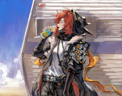 1girl absurdres ahoge animal_ear_hood arknights black_jacket black_pants bottle camper_trailer closed_eyes commentary_request cowboy_shot crownslayer_(arknights) drink drinking duplicate eudaemonm facing_to_the_side fingerless_gloves floppy_ears fur-trimmed_jacket fur_trim gloves highres holding holding_bottle holding_drink hood hooded_jacket hyena_ears hyena_girl hyena_tail jacket key keyring long_sleeves mask mouth_mask open_clothes open_jacket open_mouth orange_ribbon outdoors pants pixel-perfect_duplicate profile recreational_vehicle red_hair red_tail ribbon shirt short_hair sidelocks single_fingerless_glove smoke_grenade solo trailer white_shirt 