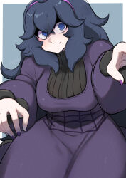  1girl @_@ bags_under_eyes blue_eyes blue_hair breasts closed_mouth commentary_request dress ghost_pose hairband hex_maniac_(pokemon) hex_maniac_(pokemon_xy) highres john_(a2556349) large_breasts long_dress long_hair long_sleeves messy_hair plump pokemon pokemon_xy purple_hairband purple_nails simple_background smile solo 