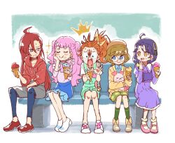  5girls :i ahoge bite_mark blue_eyes blush bright_pupils brown_hair closed_eyes commentary_request dress food food_on_face glasses green_eyes hand_on_own_cheek hand_on_own_face hands_up holding holding_food holding_ice_cream hood hoodie ice_cream ichinose_minori kururun_(precure) laura_la_mer looking_at_another multiple_girls natsuumi_manatsu notice_lines on_bench open_mouth orange_hair piku_(another_pikuru) pink_hair precure purple_hair raised_inner_eyebrows red_hoodie round_eyewear sitting surprised suzumura_sango sweatdrop takizawa_asuka teardrop tropical-rouge!_precure two_side_up u_u violet_eyes wavy_eyes 