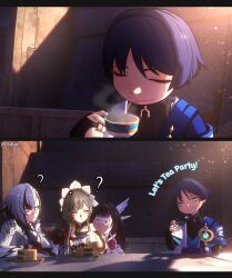  1boy 3d 3girls ? anemo_symbol_(genshin_impact) arlecchino_(genshin_impact) arm_at_side arm_rest artist_name asymmetrical_bangs black_bodysuit black_bow black_bridal_gauntlets black_collar black_eyes black_hair black_hands blue_cape blue_eyes blue_gemstone blue_kimono blue_sleeves blunt_bangs blunt_ends bodysuit bow bridal_gauntlets bright_pupils brown_hair cake cake_slice cape cherry closed_eyes closed_mouth collar colored_extremities colored_tips columbina_(genshin_impact) commentary covered_collarbone cup detached_collar dress english_commentary english_text eye_mask eyelashes eyeliner eyes_visible_through_eyewear eyeshadow facing_down feathered_wings feathers fingernails food fruit gem genshin_impact gloves gold gold_ring hair_ornament hair_ribbon half_gloves hand_up head_on_another's_shoulder head_wings highres holding holding_cup japanese_clothes juban kimono layered_sleeves littleredhoodd long_sidelocks looking_at_another looking_to_the_side makeup mask middle_ring multicolored_hair multiple_girls multiple_wings open_clothes open_kimono outdoors pink_hair plate pom_pom_(clothes) purple_hair purple_sash red_eyeliner red_eyeshadow red_gemstone ribbon sandrone_(genshin_impact) sanpaku sash scaramouche_(genshin_impact) shadow sharp_fingernails short_sleeves shoulder_peek sidelighting sidelocks smirk split_screen strapless strapless_dress streaked_hair suit sunlight swept_bangs symbol-shaped_pupils tea_party tress_ribbon violet_eyes wanderer_(genshin_impact) white_dress white_gloves white_hair white_headdress white_kimono white_mask white_pupils white_ribbon white_sleeves white_suit white_trim white_wings wing_hair_ornament wings wispy_bangs x-shaped_pupils yellow_feathers 