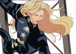  1boy black_jacket blonde_hair closed_mouth commentary_request diamond_wa_kudakenai eyelashes green_eyes hazekura_mikitaka jacket jojo_no_kimyou_na_bouken long_hair long_sleeves male_focus pointy_ears ringed_eyes simple_background solo tirauraja upper_body wind 