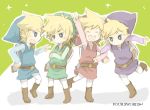  4boys bad_id bad_pixiv_id blonde_hair blue_eyes blue_tunic crossed_arms hat link male_focus multiple_boys multiple_persona nintendo popupopo purple_tunic red_tunic smile the_legend_of_zelda the_legend_of_zelda:_four_swords toon_link v 