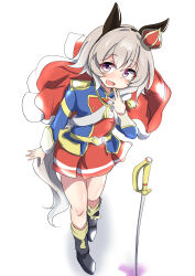 1girl absurdres aijou_karen aijou_karen_(cosplay) animal_ears belt black_boots blue_jacket blush boots breasts cape commentary_request cosplay crown curren_chan_(umamusume) ear_covers grey_hair hair_between_eyes highres horse_ears horse_girl horse_tail jacket long_sleeves looking_at_viewer mini_crown open_mouth red_cape red_skirt sash short_hair shoujo_kageki_revue_starlight simple_background skirt smile solo sword taiga_masato tail umamusume violet_eyes weapon white_sash 