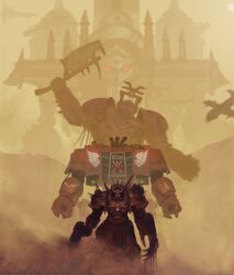  3boys absurdres adeptus_astartes aircraft airplane arm_cannon armor axe battle_axe blood blood_angels blood_on_weapon bolter breastplate cannon chain chain_axe chaos_(warhammer) chaos_space_marine clawed_gauntlets collegia_titanica commentary day dreadnought_(warhammer_40k) dust dust_cloud english_commentary exhaust exhaust_pipe eyes_of_horus_(warhammer_40k) fake_horns fighter_jet from_behind full_armor gauntlets glowing glowing_eyes gun helmet highres holding holding_axe holding_weapon horned_helmet horns imperium_of_man looking_at_viewer mecha military military_vehicle multiple_boys outdoors pauldrons power_armor red_eyes robot science_fiction shoulder_armor shoulder_cannon sign_of_khorne solo spiked_armor spikes terminator_armor thefearmaster warhammer_40k weapon 