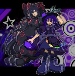  2girls animemaster armband back_bow black_bow black_hair black_hat black_pants black_ribbon black_shirt black_shoes bow food food-themed_hair_ornament frilled_skirt frills fruit fruit_hat_ornament fujiwara_no_mokou grey_bow hair_between_eyes hair_ornament hair_ribbon hands_in_pockets hat hat_ornament highres hinanawi_tenshi kaname-ishi leaf leaf_hat_ornament long_hair looking_at_viewer multiple_girls official_style ofuda ofuda_on_clothes open_mouth pants peach peach_hair_ornament peach_hat_ornament puffy_short_sleeves puffy_sleeves purple_hair purple_shoes rainbow_gradient rainbow_order red_armband red_eyes ribbon shirt shoes short_sleeves skirt sword_of_hisou teeth torn_clothes torn_sleeves touhou uekawa_yuji_(style) upper_teeth_only very_long_hair 