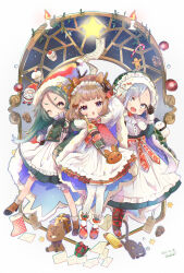  3girls :d :o ;) apron arm_up black_gloves black_pantyhose blue_hair blunt_bangs blush bottle bow bowtie brown_hair brown_hat brown_shoes champagne_bottle christmas closed_mouth commentary_request dress frilled_apron frills full_body fur-trimmed_headwear fur_trim gloves green_dress green_hair hand_up hat highres holding holding_bottle leg_ribbon long_hair long_sleeves looking_at_viewer multiple_girls one_eye_closed open_mouth original pantyhose red_bow red_bowtie red_hat red_ribbon red_shoes ribbon santa_hat shoes short_hair smile standing tsunoju v white_apron white_pantyhose 