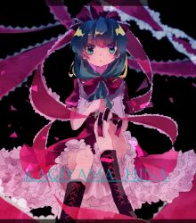  1girl :o black_background black_boots boots bow character_name commentary_request dress frilled_dress frills front_ponytail full_body green_eyes green_hair hair_bow kagiyama_hina lace-up_boots long_hair looking_at_viewer one-hour_drawing_challenge open_mouth red_bow red_dress shinjitsu_no_kuchi solo touhou 