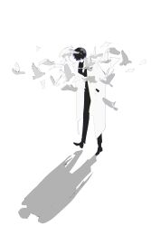  1boy absurdres bird black_hair black_shirt coat different_shadow dove faceless feathered_wings head_down highres kim_dokja male_focus omniscient_reader's_viewpoint open_clothes open_coat roellm shirt short_hair solo standing standing_on_one_leg too_many too_many_birds white_coat wings 