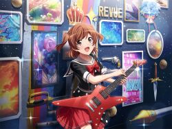  1girl aijou_karen badge black_shirt bouquet bow bowtie brown_eyes brown_hair cosplay crown_ornament electric_guitar game_cg guitar gun holding holding_guitar holding_instrument instrument knife lance looking_at_viewer official_art open_mouth picture_frame polearm rapier red_bow red_bowtie red_skirt revolver sailor_collar shirt short_hair short_sleeves shoujo_kageki_revue_starlight shoujo_kageki_revue_starlight_-re_live- sidelocks skirt smile solo sparkle standing sword toyama_kasumi toyama_kasumi_(cosplay) two_side_up upper_body v-shaped_eyebrows weapon white_sailor_collar 