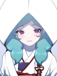  1girl aqua_hair beta_(inazuma_eleven) blush commentary highres inazuma_eleven_(series) inazuma_eleven_go inazuma_eleven_go_chrono_stone japanese_clothes kimono lipstick long_hair looking_at_viewer makeup oirabakumi4649 shiromuku smile solo tassel uchikake violet_eyes wataboushi watermark 