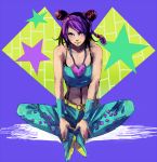  belt braid butterfly_sitting collarbone double_bun indian_style jojo_no_kimyou_na_bouken kujo_jolyne kuujou_jolyne lipstick makeup midriff nail_polish navel ponytail purple_hair sitting smile solo star teyuruun wristband yellow_eyes 