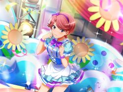 1girl bead_bracelet beads blue_dress bow bowtie bracelet closed_mouth dress game_cg hairband isurugi_futaba jewelry kimi_no_kokoro_wa_kagayaiteru_kai? looking_at_viewer love_live! love_live!_sunshine!! official_art puffy_short_sleeves puffy_sleeves purple_bow purple_bowtie purple_hairband short_hair short_sleeves shoujo_kageki_revue_starlight shoujo_kageki_revue_starlight_-re_live- solo stage stage_lights standing upper_body violet_eyes 