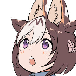  animal_ears blush brown_hair cat_ears extra_ears grey_hair hair_ornament horse_ears horse_girl kemono_friends mcgunngu multicolored_hair open_mouth serval_(kemono_friends) shirt short_hair special_week_(umamusume) sweat two-tone_hair umamusume upper_body violet_eyes 