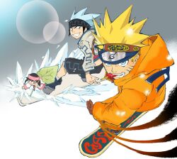  2boys absurdres black_shorts blonde_hair blue_eyes blue_hair brown_gloves character_request coat commentary facial_mark food gloves highres holding holding_food holding_popsicle ice jacket male_focus mouth_hold multiple_boys mxrikaizer naruto_(classic) naruto_(series) orange_coat orange_pants pants popsicle shaman_king shorts snowboard spiky_hair symbol-only_commentary usui_horokeu uzumaki_naruto whisker_markings white_jacket 