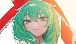  1girl frilled_ribbon frills green_eyes green_hair hair_between_eyes hair_ribbon kagiyama_hina long_hair looking_at_viewer makita_(vector1525) red_ribbon ribbon simple_background smile solo touhou upper_body white_background 