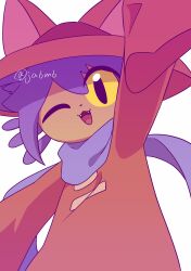  1other :3 absurdres androgynous animal_hat black_eyes brown_coat brown_hat cat_hat check_commentary child coat colored_sclera commentary_request dot_nose fangs hair_between_eyes hat highres ja6m6 long_sleeves looking_at_viewer medium_hair niko_(oneshot) one_eye_closed oneshot_(game) open_mouth other_focus purple_hair purple_scarf scarf sleeves_past_fingers sleeves_past_wrists smile solo twitter_username upper_body white_background yellow_sclera 