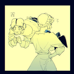  !? 1boy 1girl :3 back belt boots braid carrying_over_shoulder closed_mouth commentary_request crown_braid dress earrings hand_on_own_hip jewelry kaze_no_tani_no_nausicaa kurotowa kushana long_sleeves monochrome own_hands_together pants profile serizawa_nae shirt short_hair standing strong sweatdrop teardrop_earrings translation_request 