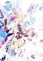 1girl athena_(ff14) butterfly_wings colored_extremities commentary_request copyright_name feathered_wings final_fantasy final_fantasy_xiv head_wings insect_wings long_hair multiple_wings ruka_(blueplus84) solo white_hair wings 
