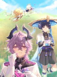  >_< 0_0 1girl 3boys aether_(genshin_impact) black_bodysuit black_bow black_bridal_gauntlets black_cape black_gauntlets black_hair black_horns black_pants black_shirt black_shorts blonde_hair blue_cape blue_gemstone blue_hat blue_kimono blue_sky blue_sleeves blunt_ends blush bodysuit bow braid bridal_gauntlets bright_pupils candy cape capelet chasing cheek_bulge chest_jewel cleavage_cutout closed_eyes closed_mouth clothing_cutout clouds cloudy_sky commentary covered_collarbone cropped_shirt dragon_boy dragon_horns english_commentary eyeliner eyeshadow facial_mark feathers flying food forehead_mark furisode gem genshin_impact gloves gold gold_halo gold_ring grass hakama hakama_shorts halo hands_up hat heart-shaped_gem highres holding holding_candy holding_food horns japanese_clothes jingasa juban kimono layered_sleeves leg_warmers long_hair long_sleeves looking_at_viewer low-braided_long_hair low-tied_long_hair makeup mandarin_collar mechanical_halo middle_ring mini_durin_(genshin_impact) mini_durin_(human)_(genshin_impact) motion_blur multiple_boys open_clothes open_kimono open_mouth outdoors outstretched_arm paimon_(genshin_impact) pants pink_gemstone pleated_shorts purple_hair purple_horns purple_sash red_eyeliner red_eyeshadow romper running sash scaramouche_(genshin_impact) shirt short_hair short_sleeves shorts shoulder_peek sky sparkle sparkling_eyes tsurime two-sided_horns violet_eyes vision_(genshin_impact) viviwi wanderer_(genshin_impact) white_capelet white_gloves white_hair white_kimono white_leg_warmers white_pupils white_romper white_sleeves white_trim wispy_bangs yellow_feathers 