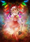  ascot bad_id blonde_hair bobby_socks fang flandre_scarlet floral_background glowing hands hat highres laevatein mary_janes michii_yuuki open_mouth red_eyes shoes short_hair side_ponytail smile socks solo the_embodiment_of_scarlet_devil touhou wings 