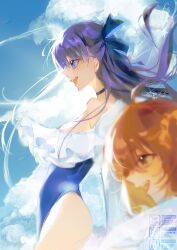  2girls blue_bow blue_choker blue_eyes blue_hair_bow blue_sky blue_swimsuit blush choker clouds fate/grand_order fate_(series) female female_focus female_only fujimaru_ritsuka_(female) hair_bow hair_ornament happy human humanoid long_hair meltryllis meltryllis_(fate) meltryllis_(swimsuit_lancer)_(fate) meltryllis_(swimsuit_lancer)_(second_ascension)_(fate) one-piece_swimsuit orange_hair pppeipeipipi profile purple_hair signature smile smiley_face solo_focus swimsuit teeth thighs type-moon yellow_eyes 