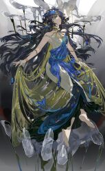  1girl absurdres barefoot black_hair blue_dress blue_veil crying crying_with_eyes_open dress evening_gown full_body gradient_background grey_background highres isolde_(reverse:1999) long_dress long_hair looking_up official_alternate_costume parted_lips reverse:1999 sleeveless sleeveless_dress solo streaming_tears tears two-tone_dress veil very_long_hair violet_eyes white_dress yi_fen_ta 