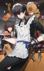  1boy 1girl absurdres ahoge apron bandaged_arm bandages black_hair black_pants blue_bow blue_ribbon bow capybara character_hair_ornament chinese_commentary chinese_text chisa_(wuthering_waves) commentary_request cowboy_shot cropped_jacket earrings food frilled_apron frilled_wrist_cuffs frills gloves hair_between_eyes hair_ornament hairclip highres holding holding_plate jacket jewelry leaning_on_object long_hair maid_apron maid_headdress male_focus male_rover_(wuthering_waves) namipon_(wuthering_waves) pants plate ribbon rover_(wuthering_waves) shirt sleeves_pushed_up sparkle stud_earrings three-quarter_sleeves translation_request waist_ribbon waiter watashi_wa_chibi white_shirt wrist_cuffs wuthering_waves yellow_eyes 